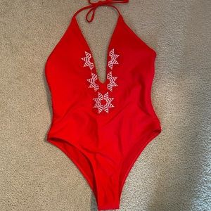 Red Swimsuit with Deep V - Cupshe Brand